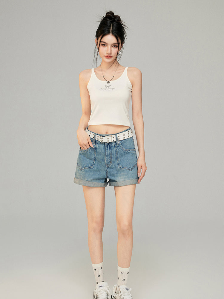 High-Waisted Cuffed Denim Shorts