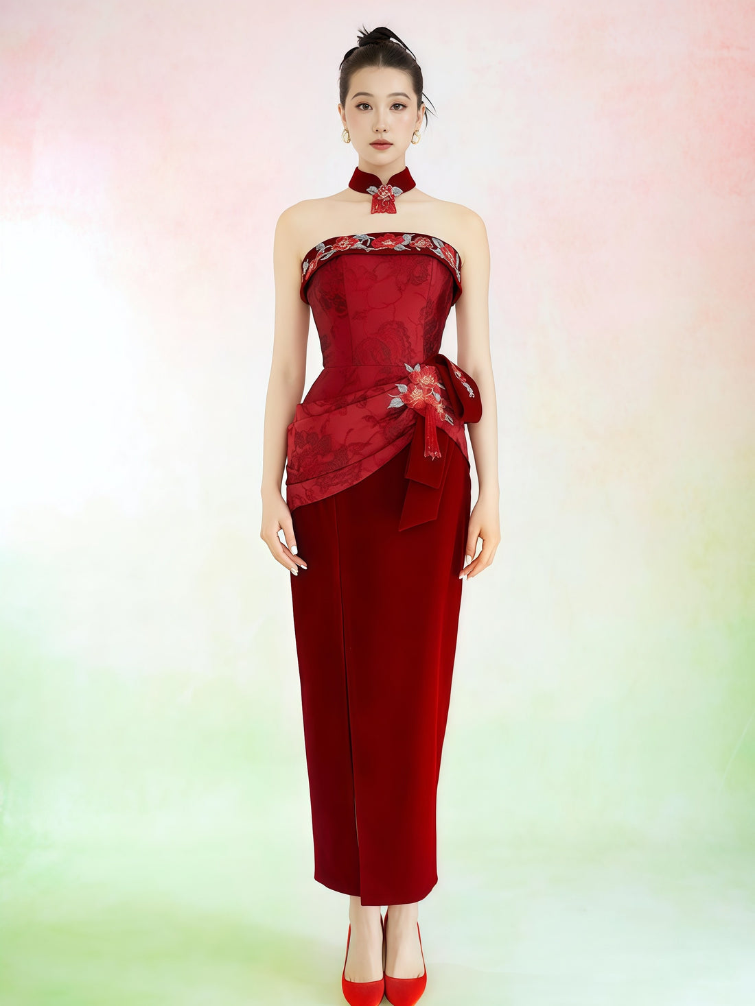Red Strapless Embroidered Cheongsam Midi Dress