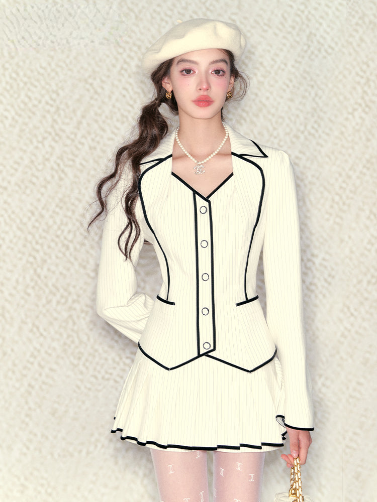 White Striped Waist-fitted Jacket &amp; Short Skirt Set - CHINASQUAD