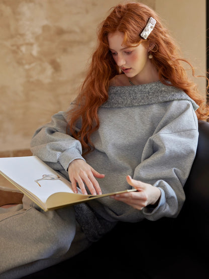 Grey Off-Shoulder Sweatshirt &amp; Flared Pants Two-Piece Set