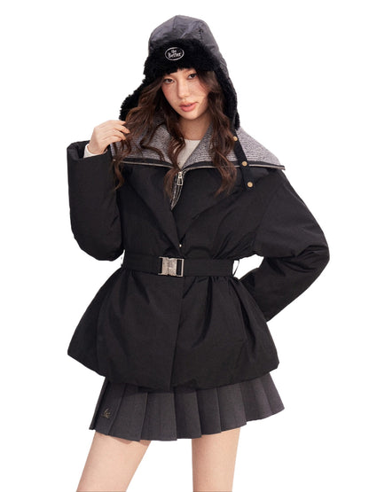 Belted Contrast-Knit Collar Down Coat