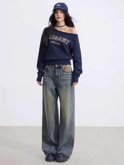 Leopard-Print Panelled Wide-Leg Denim Pants