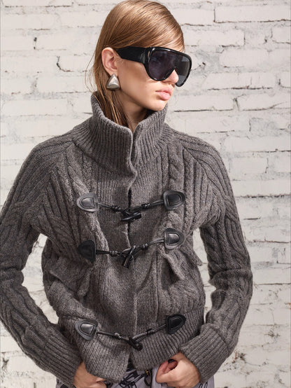 100% Wool Retro Cable-Knit Horn Button Jacket