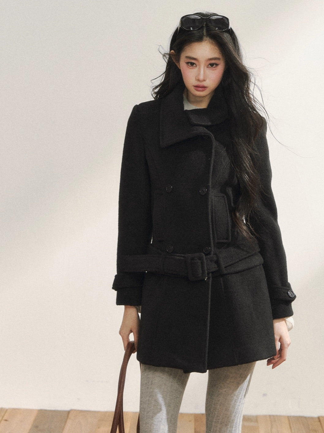 Black Wool-Blend Detachable Hem Double-Breasted Coat