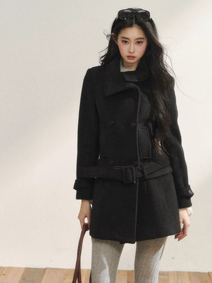 Black Wool-Blend Detachable Hem Double-Breasted Coat