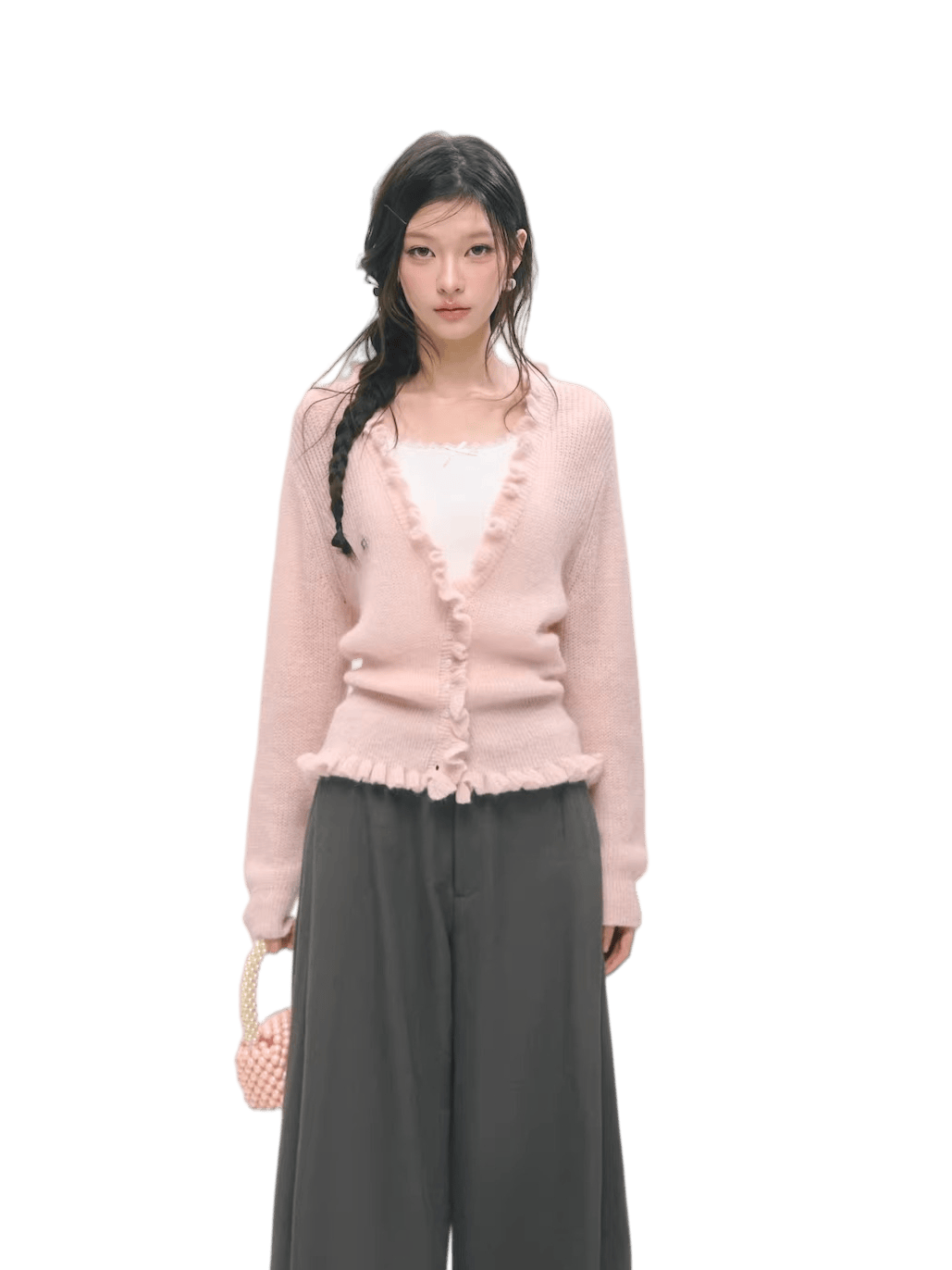 Deep V-Neck Ruffle Waist Cardigan