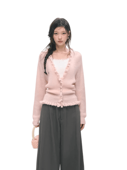 Deep V-Neck Ruffle Waist Cardigan