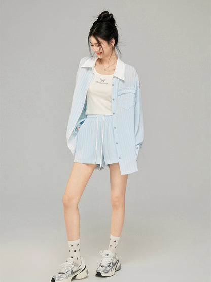 Color-block Shiny Silk Shirt &amp; Shorts Set