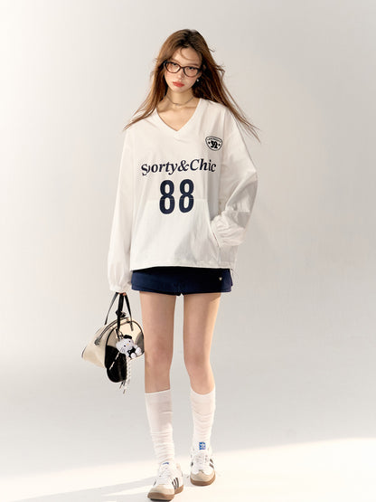 Letter Print Blokette V-Neck Long-Sleeve