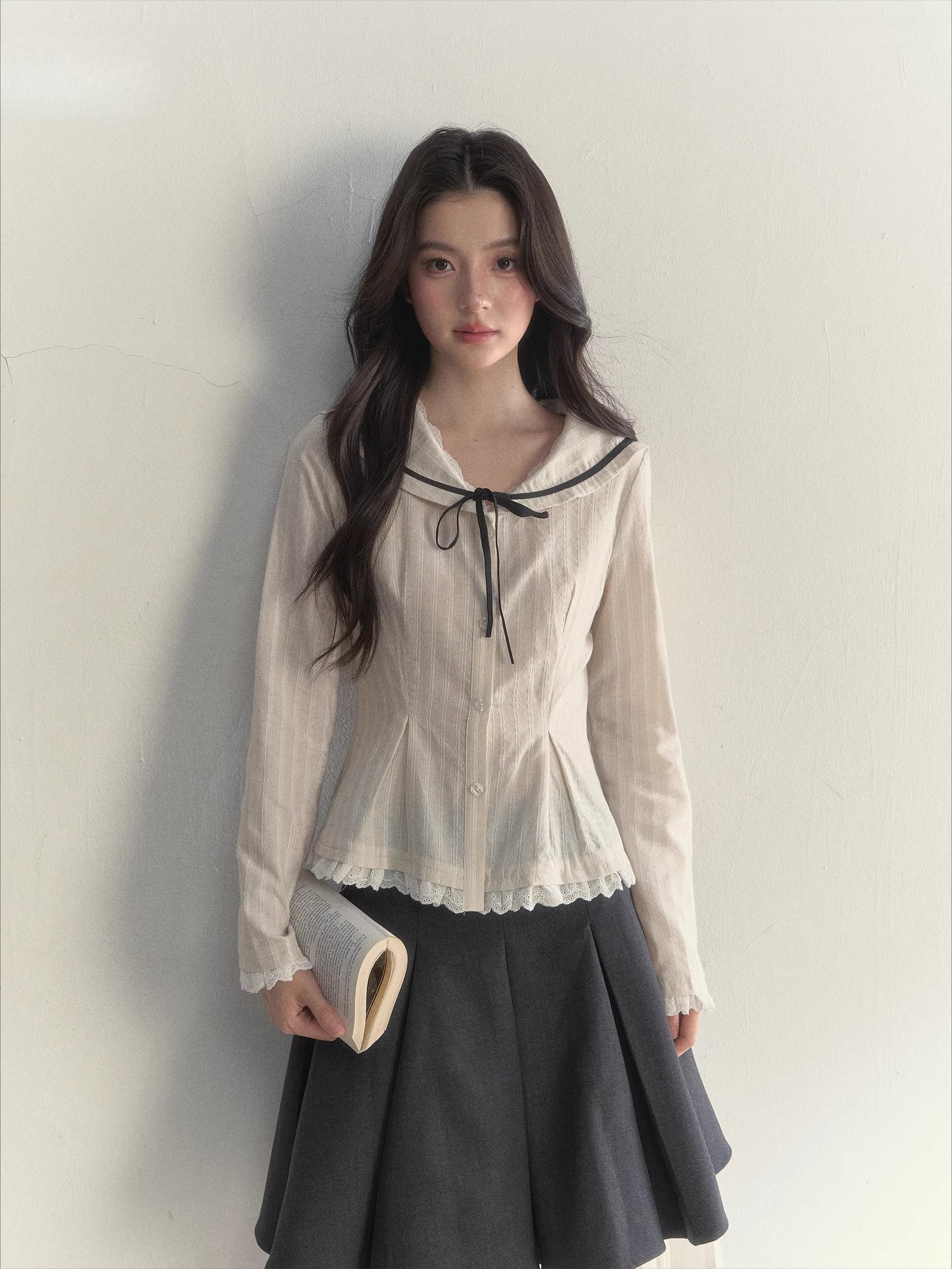 Nautical Texture Beige Fitted Blouse