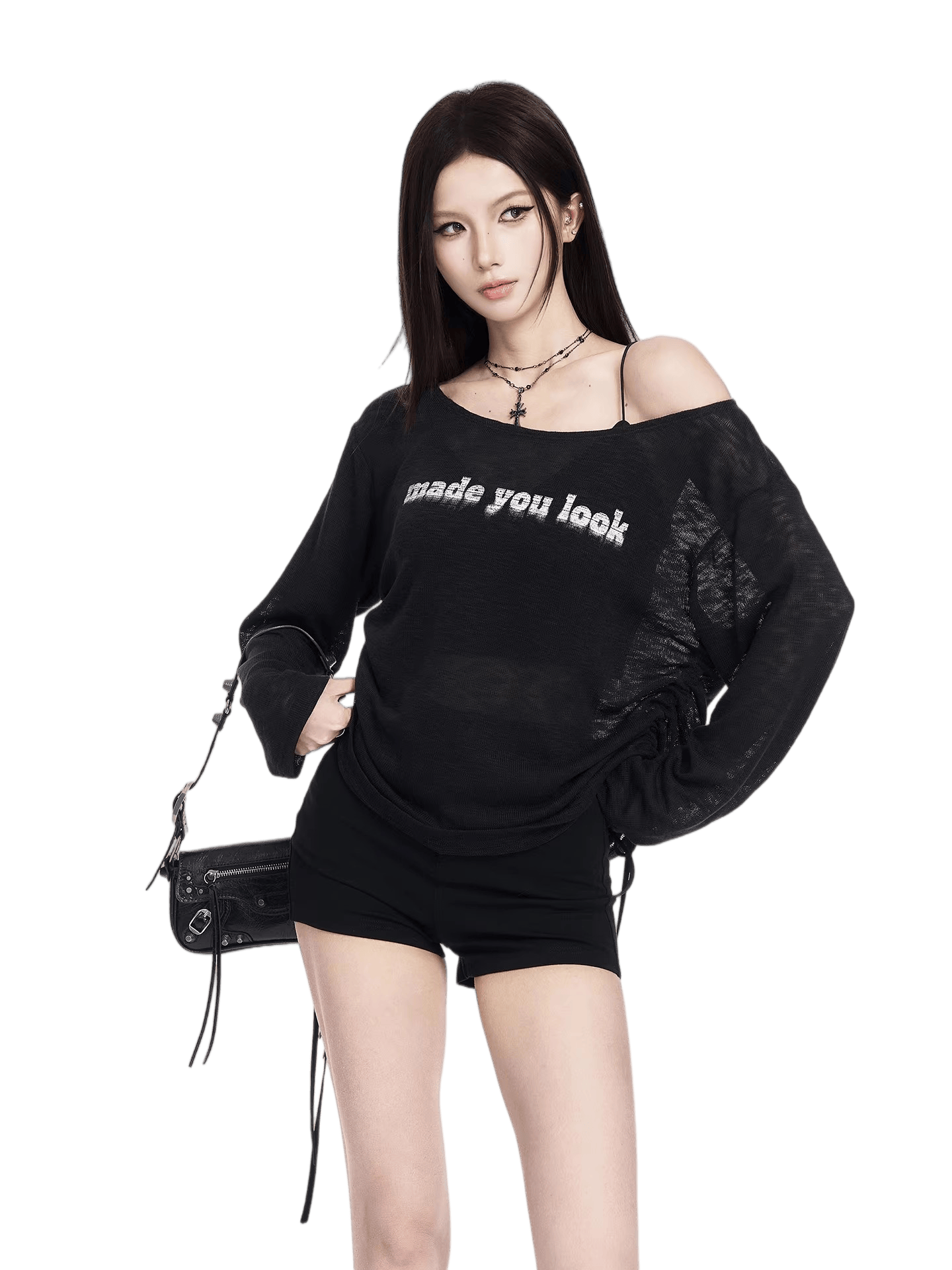 Diary Sheer Asymmetric Off-Shoulder T-Shirt