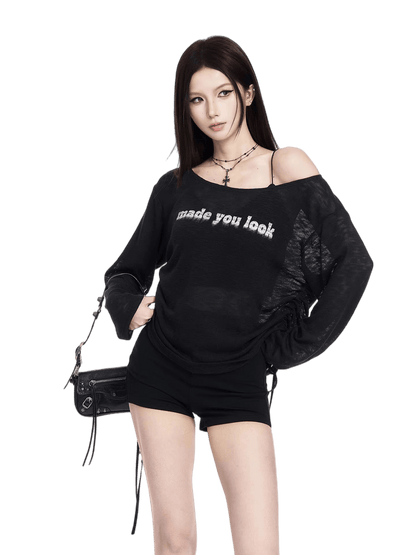 Diary Sheer Asymmetric Off-Shoulder T-Shirt