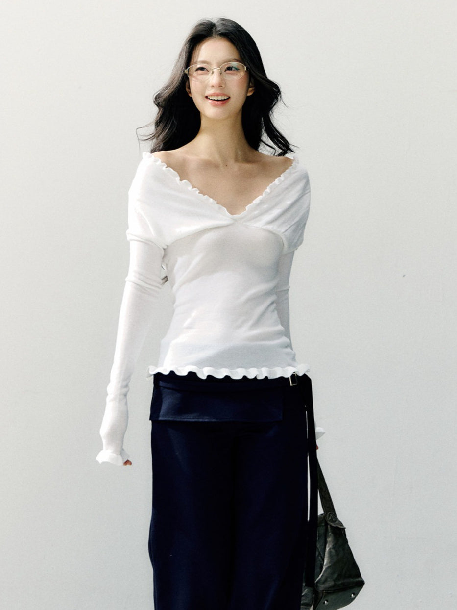 Off-Shoulder Ruffle Trim Fitted Knit Base Layer