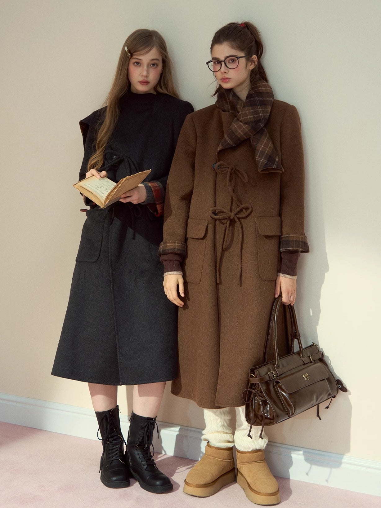 Check Wool-Blend Coat with Scarf