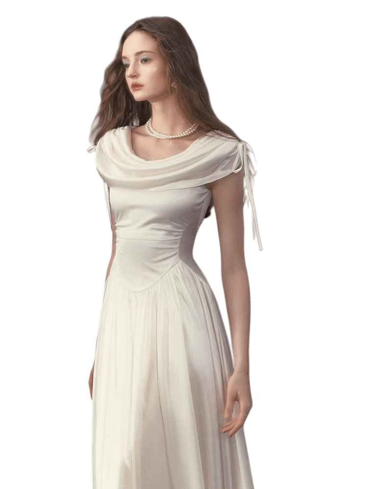 White French Court-Style Draped-Neck Dress