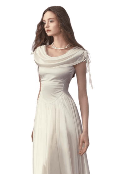 White French Court-Style Draped-Neck Dress