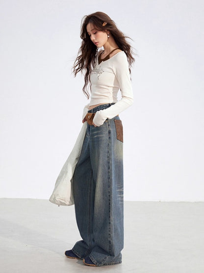 Leather-Patch Wide-Leg Cotton Jeans