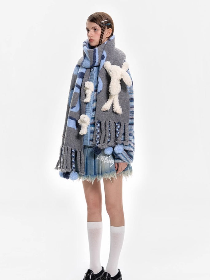 Jacquard Pom-Pom Knit Shawl Scarf