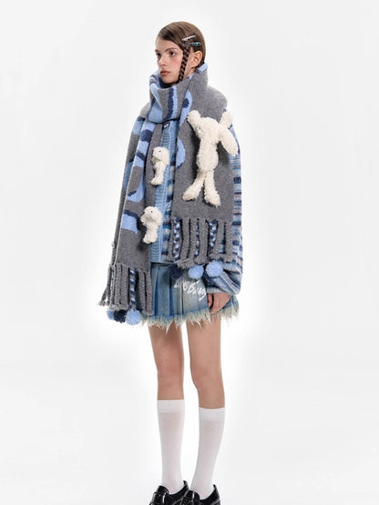 Jacquard Pom-Pom Knit Shawl Scarf