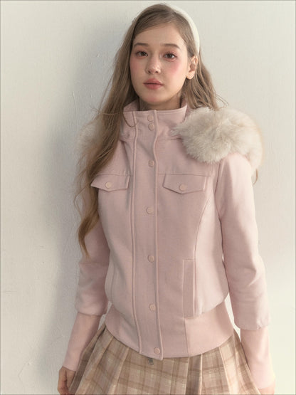 Fleece-Lined Faux Fur Collar Hooded Jacket