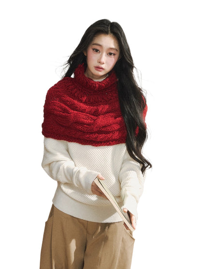Two-Tone Knitted Fuzzy Pullover Shawl