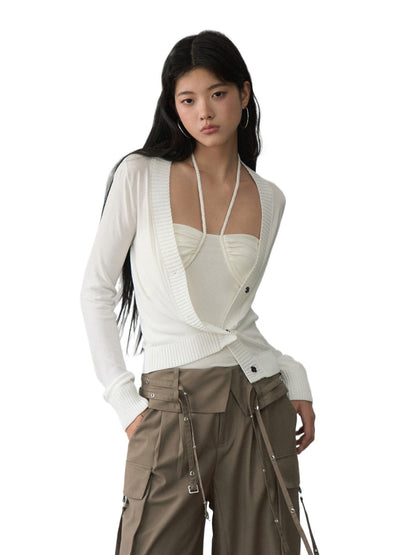 White Single-breasted Knitted Cardigan - CHINASQUAD