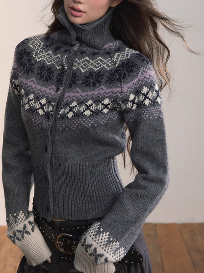 Fair Isle Wool-Blend Turtleneck Knit Cardigan