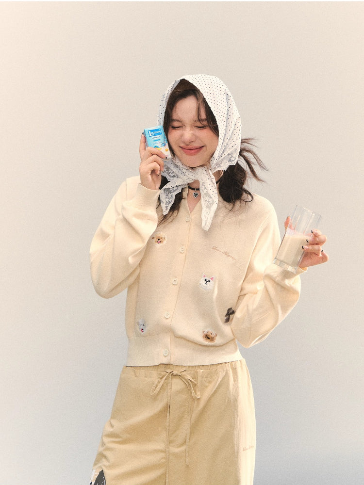 Dog Embroidery Crew Neck Knit Cardigan