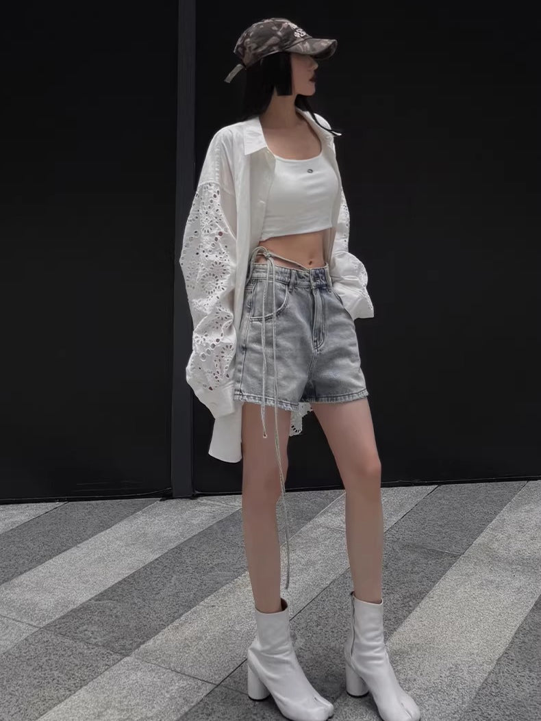 Tie-Waist Raw-Edge Vintage Denim Shorts