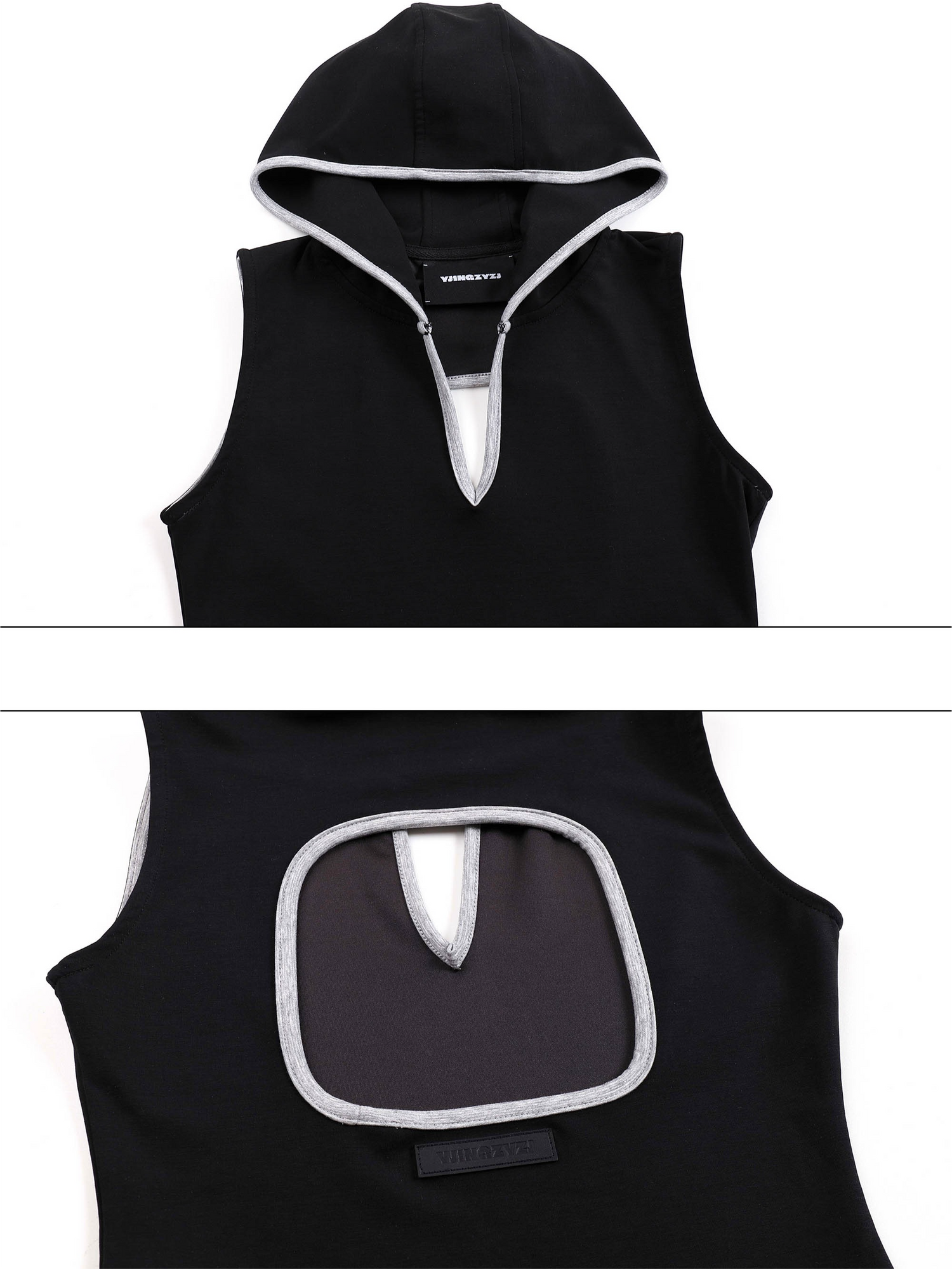 V-Cutout Hooded Sleeveless Trim Top In Black