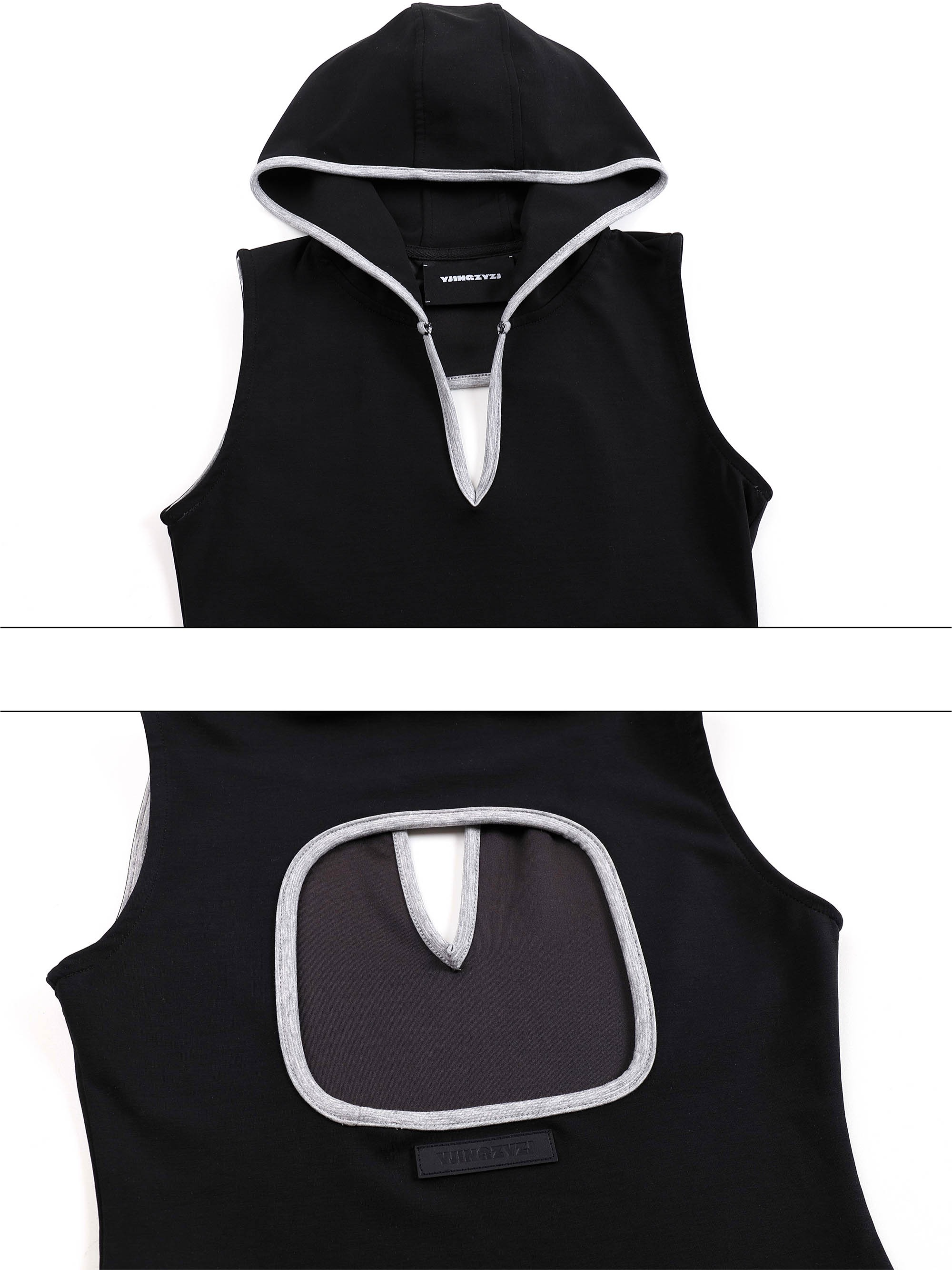 V-Cutout Hooded Sleeveless Trim Top In Black
