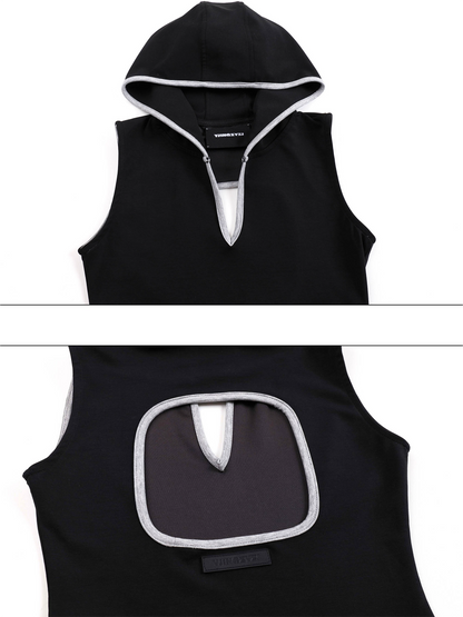 V-Cutout Hooded Sleeveless Trim Top In Black