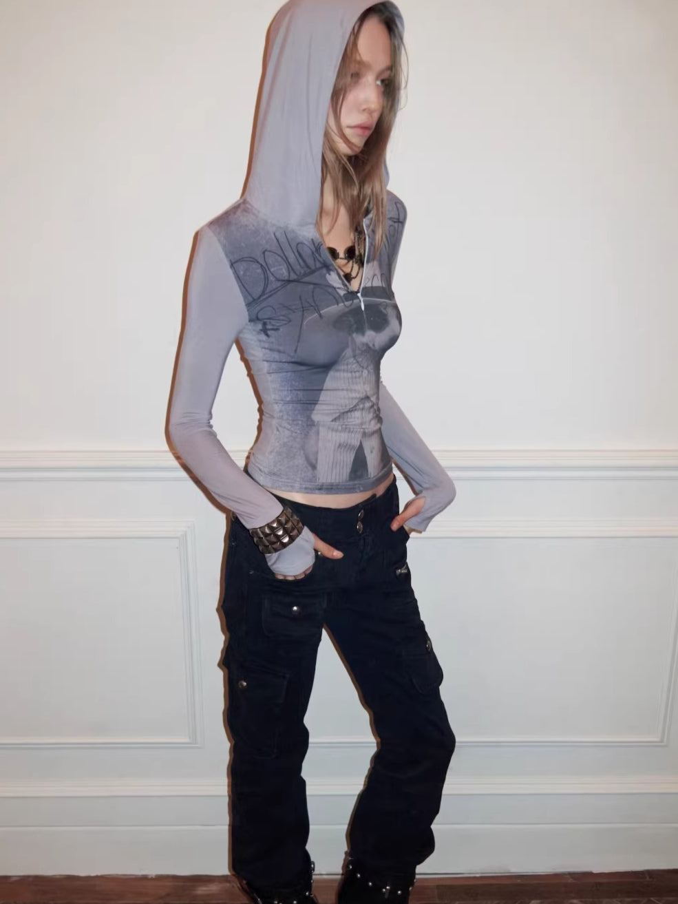 Zip-Up Hooded Long-Sleeve Fitted T-Shirt