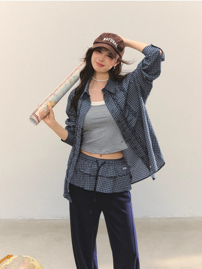 Plaid Ruffle Pleated Loose Long-Sleeve Shirt
