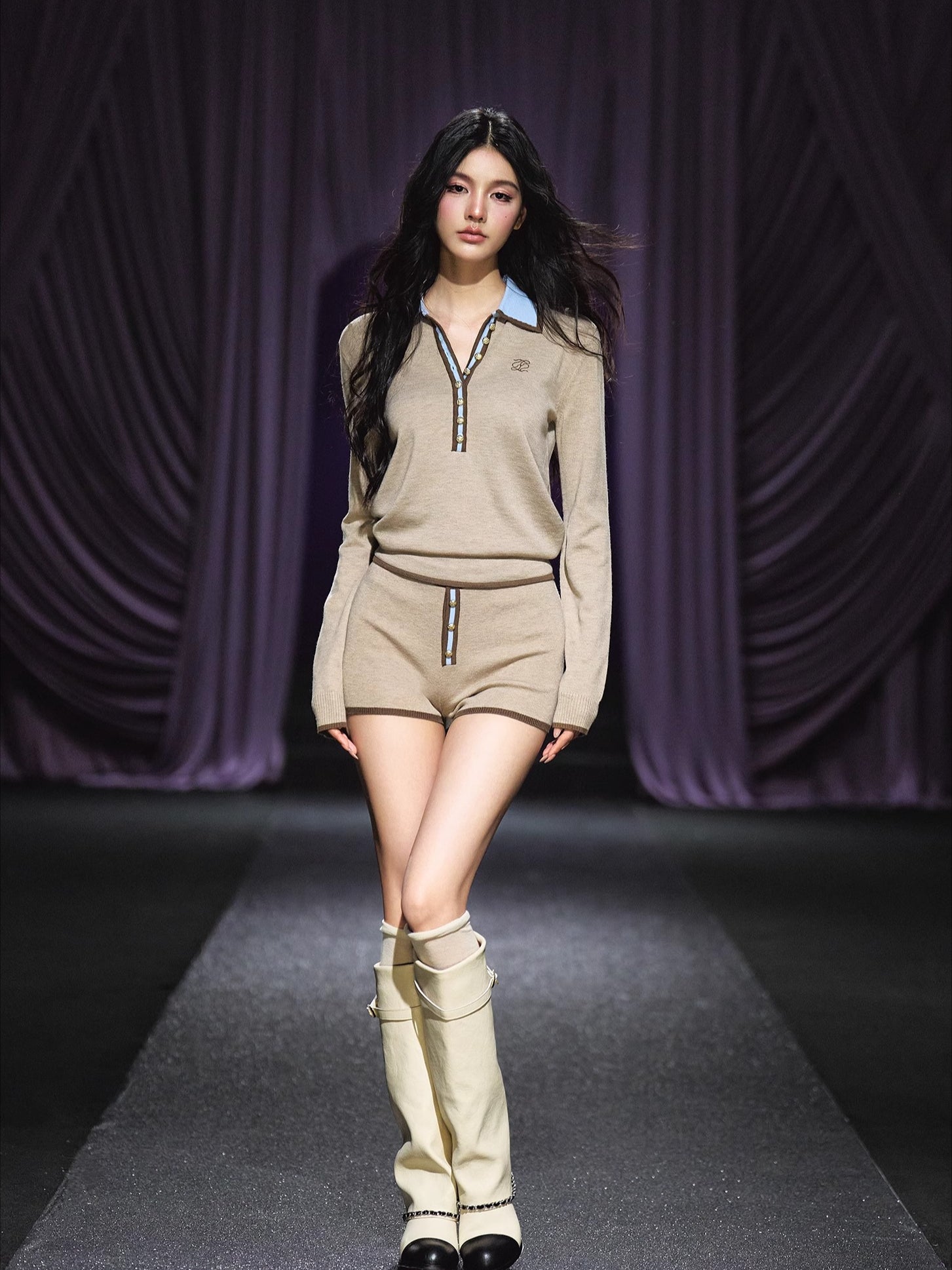 Contrast Tie-Neck Polo Knit Set