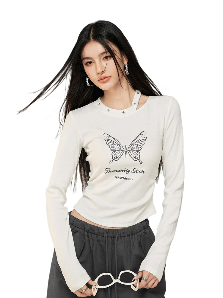 Butterfly Pleated Long Sleeve T-shirt