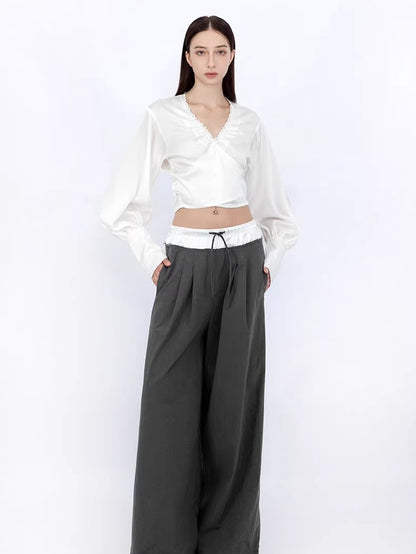 Convertible Ruched V-Neck Acetate Blouse