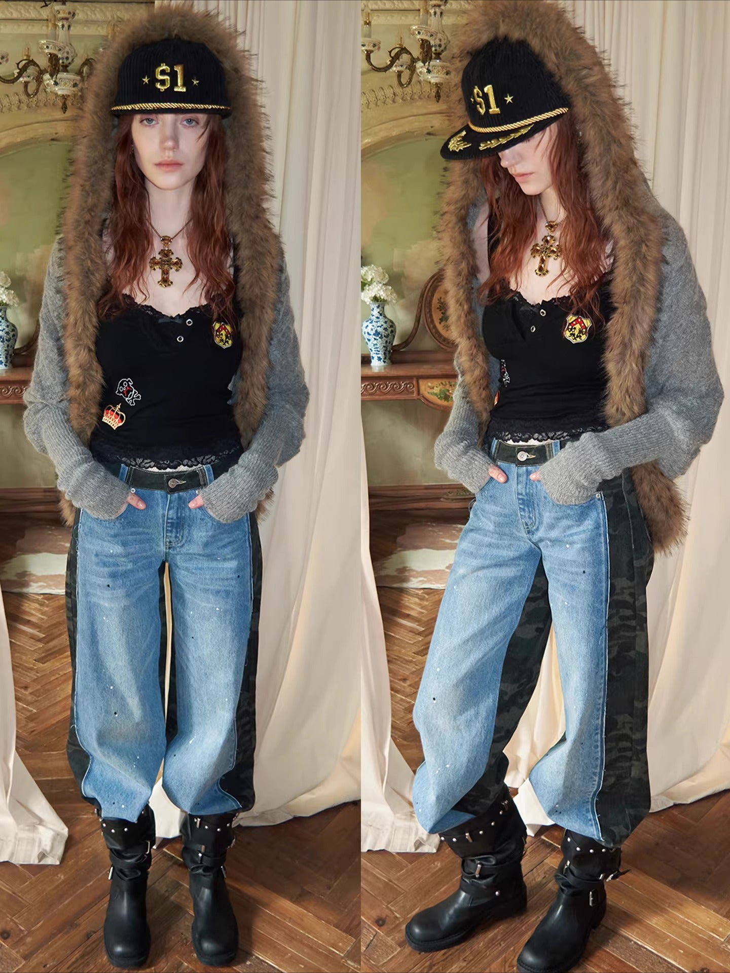Vintage Mohair-Blend Fur-Trim Knit Cardigan