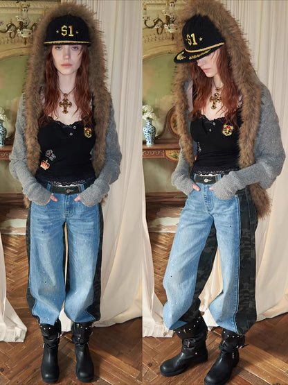Vintage Mohair-Blend Fur-Trim Knit Cardigan