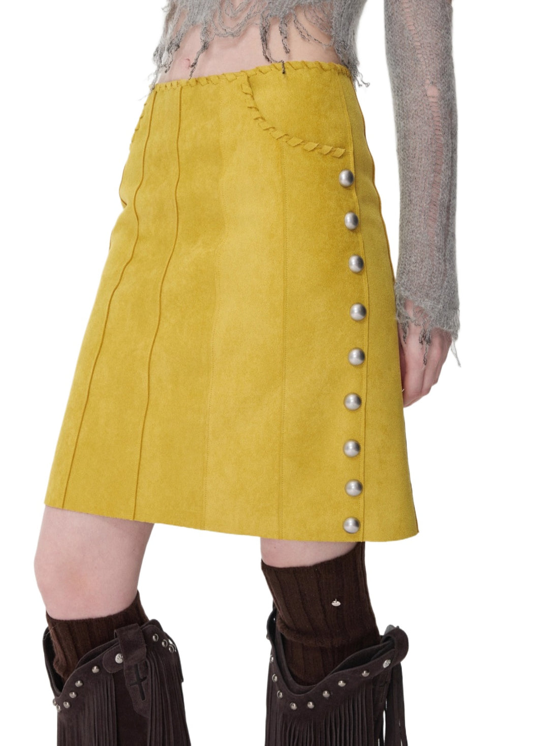 Suede Studded High-Waist Midi Skirt