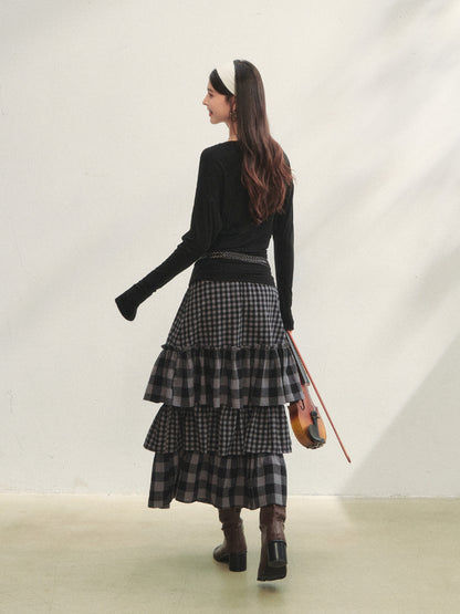 Plaid Patchwork Lace Waist Layered Cake Skirt - CHINASQUAD