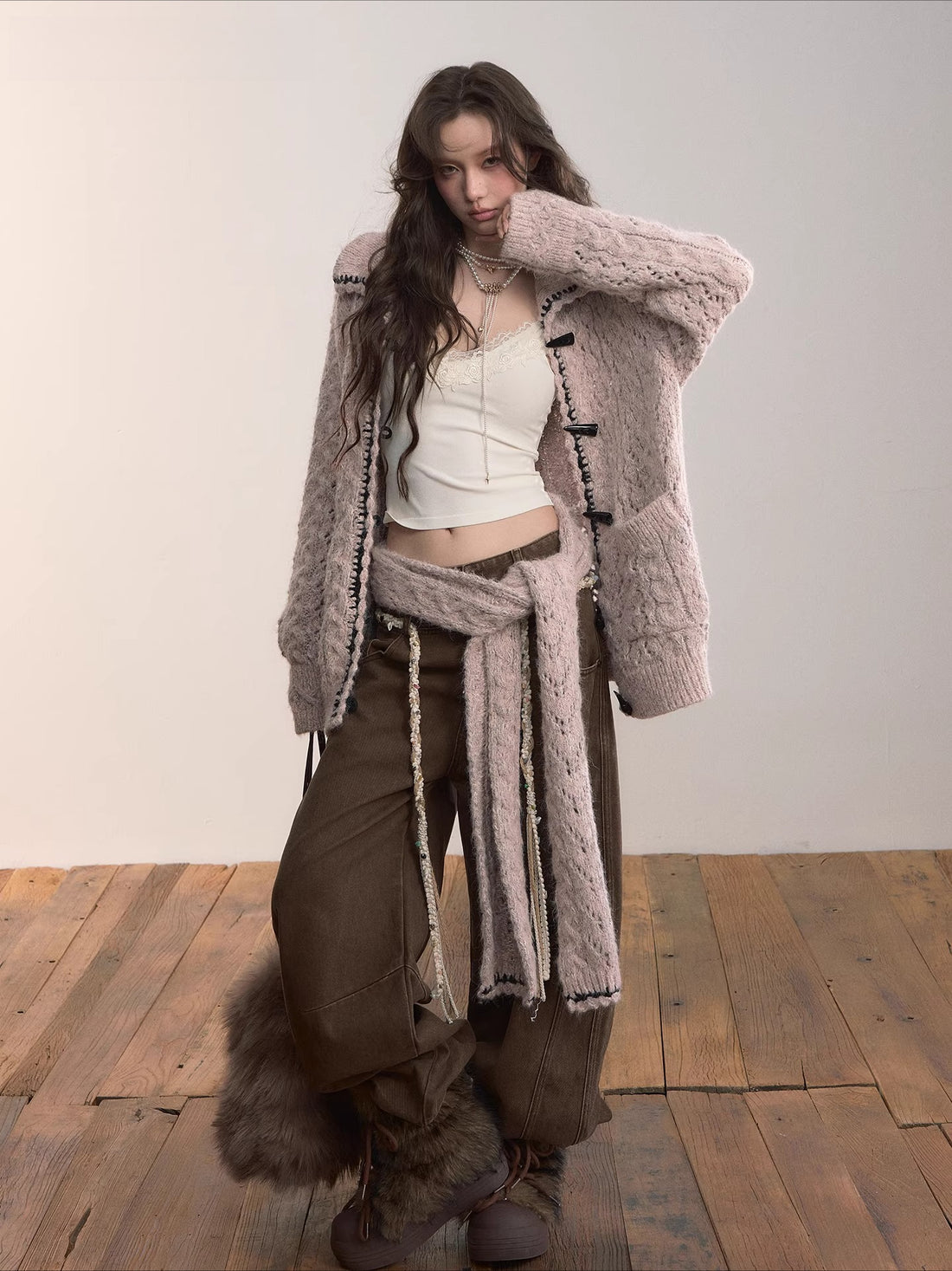 Heavy-Knit Toggle Wool-Blend Cardigan with Matching Scarf