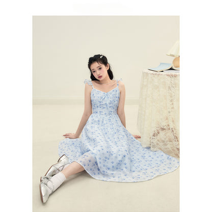 Blue Floral U-neck Dress