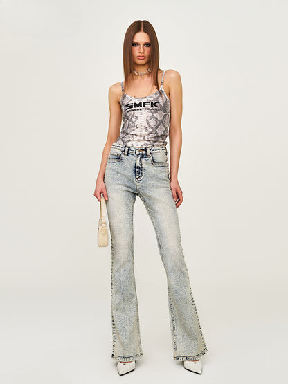 Retro Washed Elastic Flared Mid-Waist Long Pants