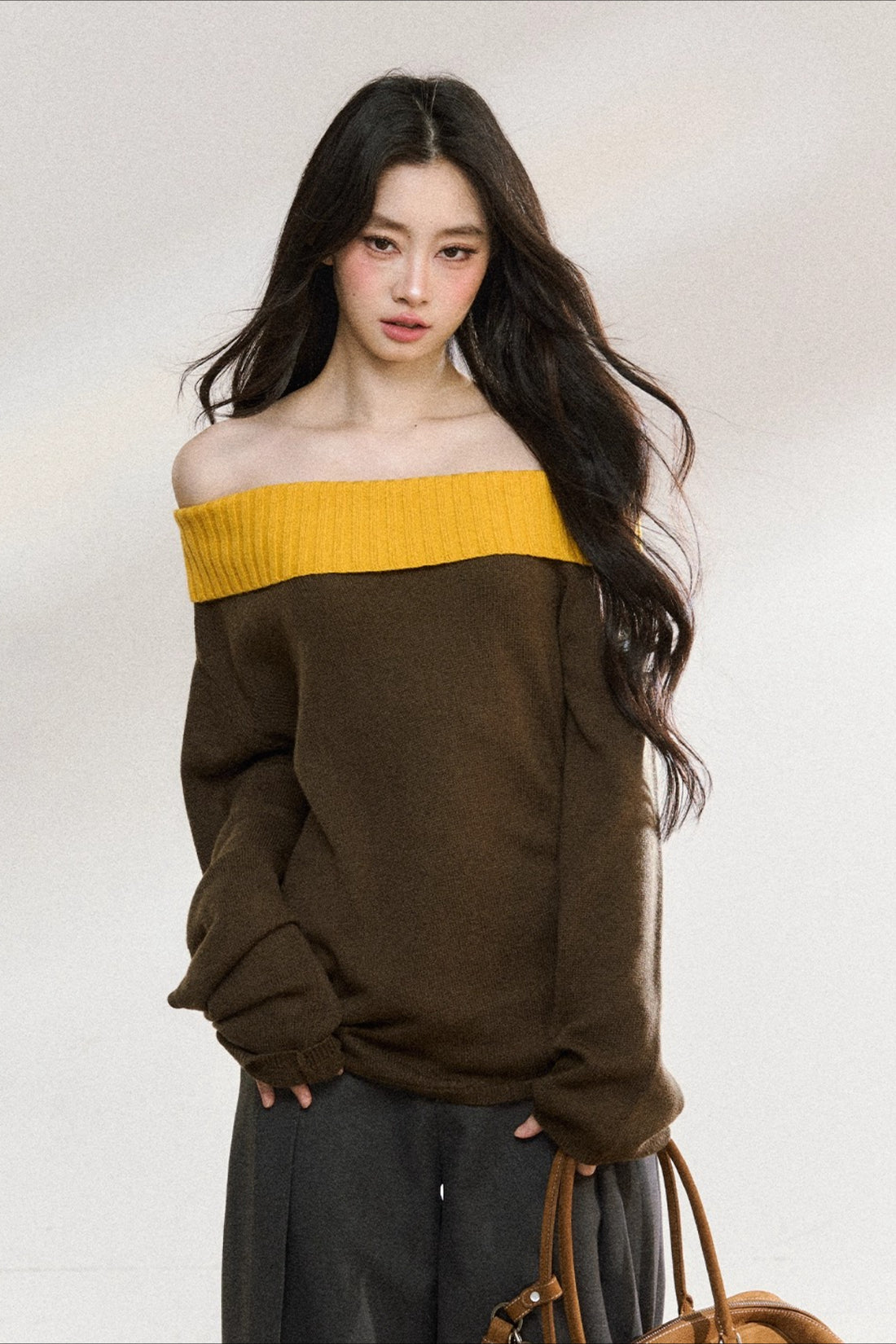 Two-Tone Asymmetric Off-Shoulder Knit Sweater