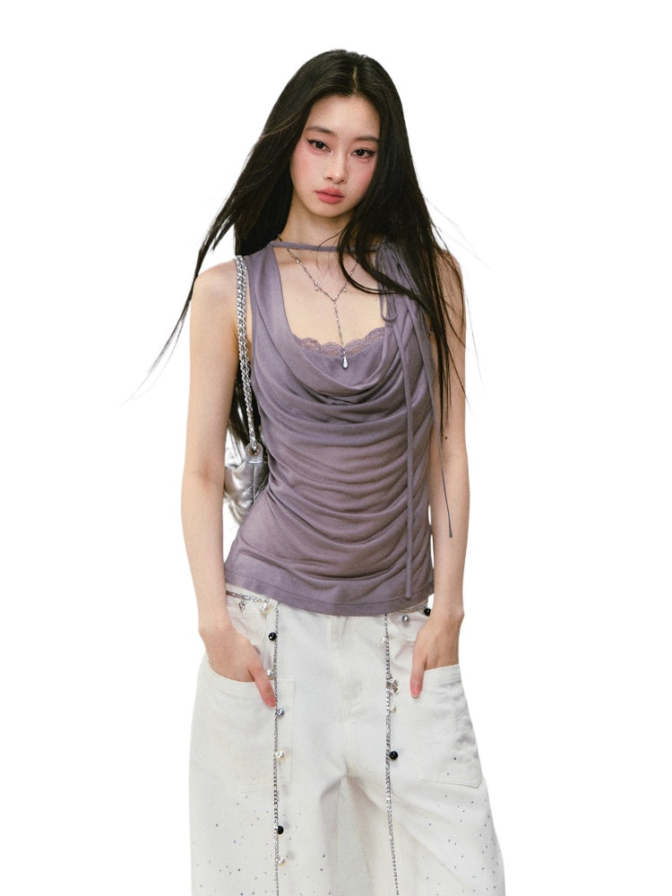 Fake Two-piece Spliced Lace Swing-neck Tank Top
