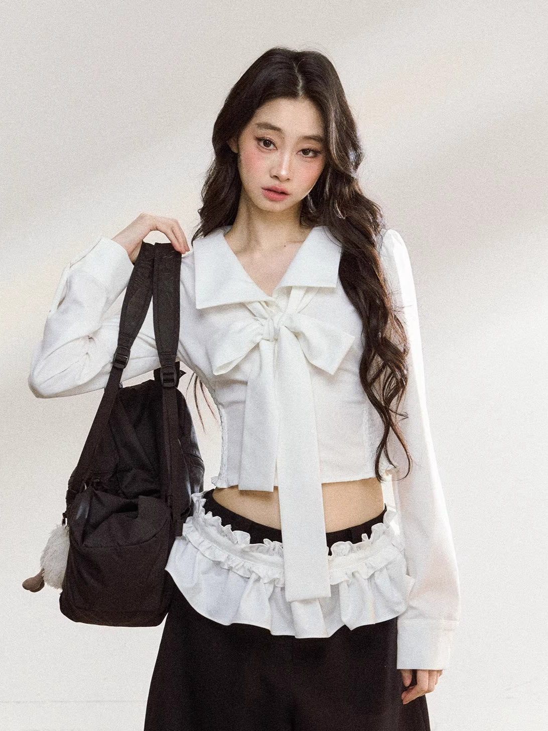 Butterfly Bow White Blouse &amp; Lace-Trim Straight Pants Set