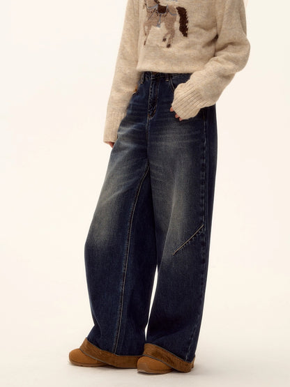 Suede-Panel Washed Denim Wide-Leg Jeans