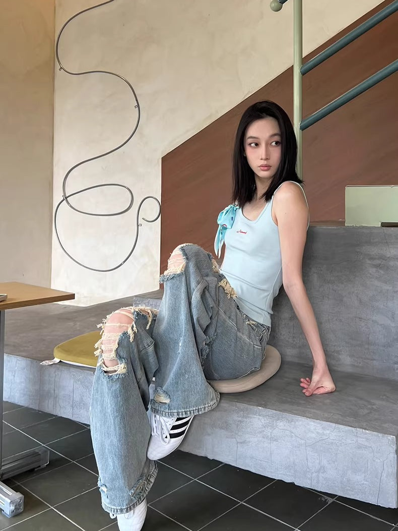 Straight-Leg Distressed Denim Jeans