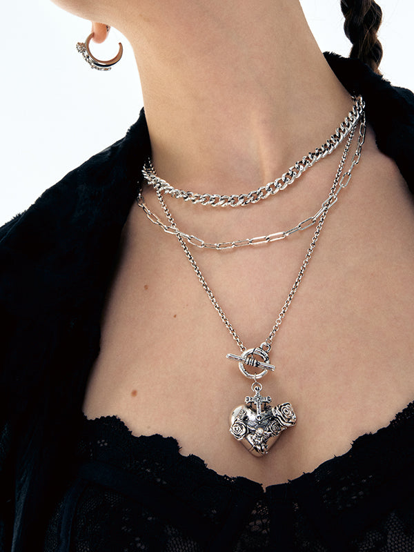 Punk Cross Angel Heart Multi-Layer Necklace